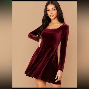 🆕SHEIN Burgundy Belle Square Neck Flared Velvet Dress